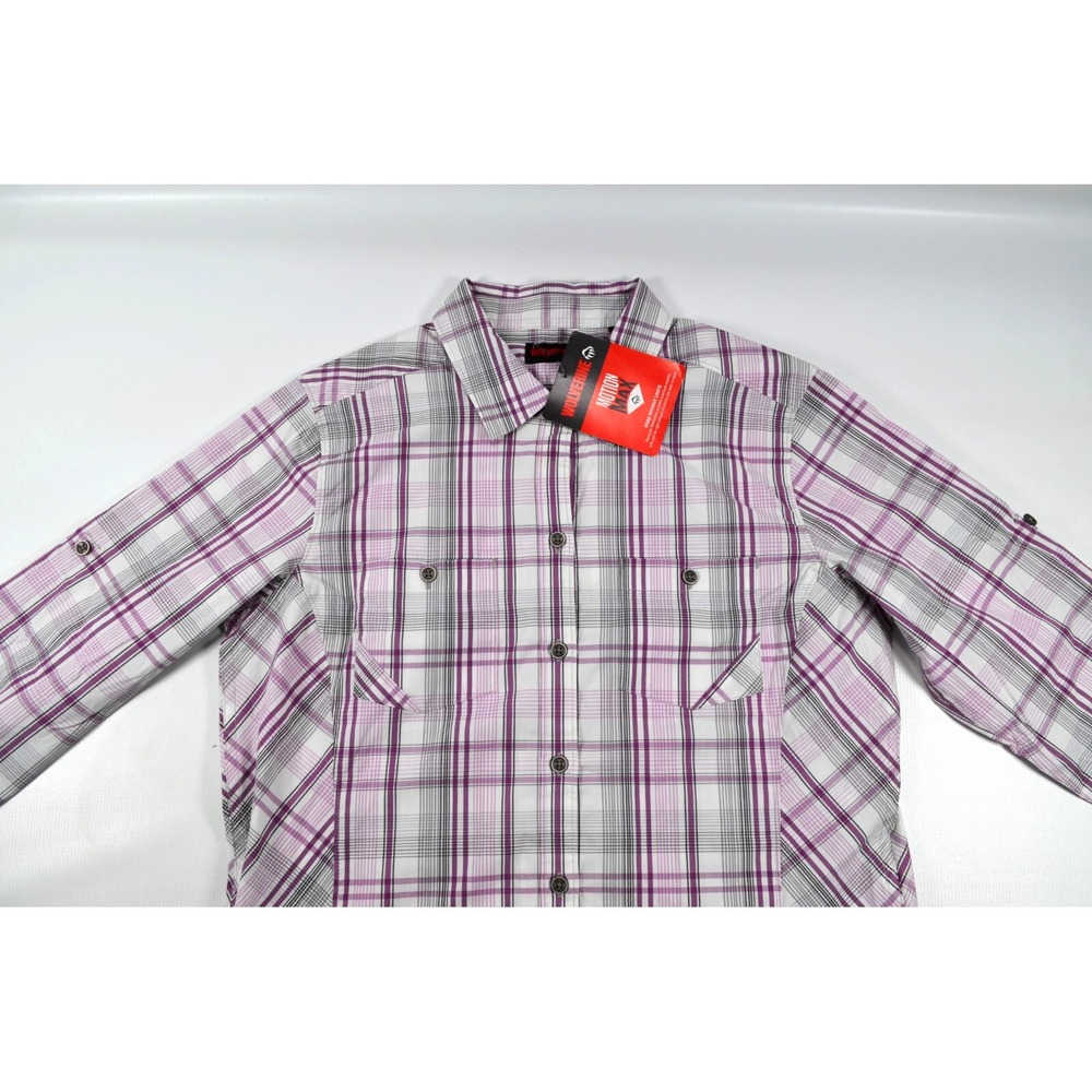 Wolverine Sidney Shirt Women's Size M Long Sleeve Roll‎ Tab White Purple Plaid